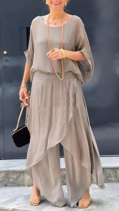Womens Chiffon Two Piece Set Wide Leg Pants Flowy Ruffle