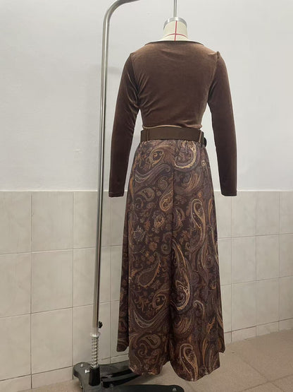 Boho Floral Maxi Skirt Two Piece Set with Belt