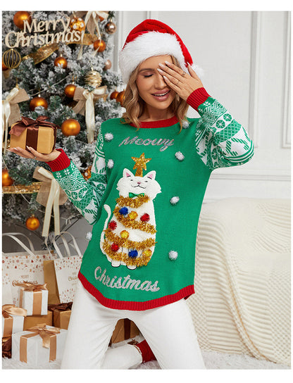 Cute Cat Christmas Sweater Embroidered Holiday Pullover