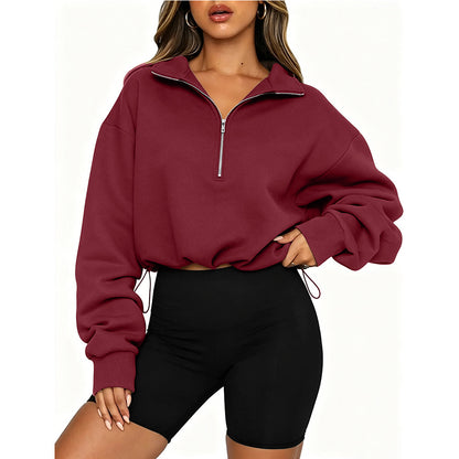 Black Half-Zip Drawstring Pullover Sweatshirt Y2K Streetwear