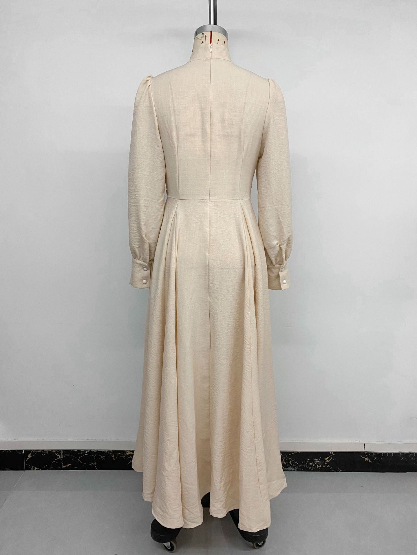 Mock Neck Zipper Pleated Balloon Sleeve Maxi Dress