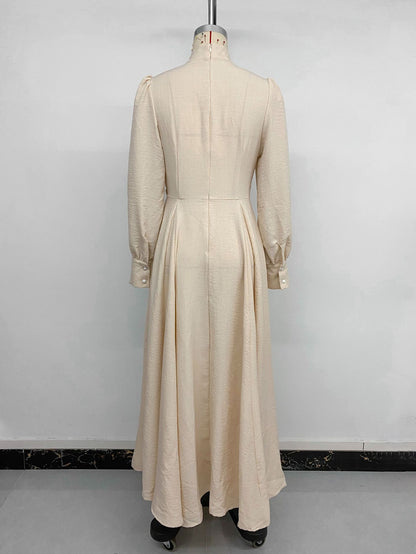 Mock Neck Zipper Pleated Balloon Sleeve Maxi Dress
