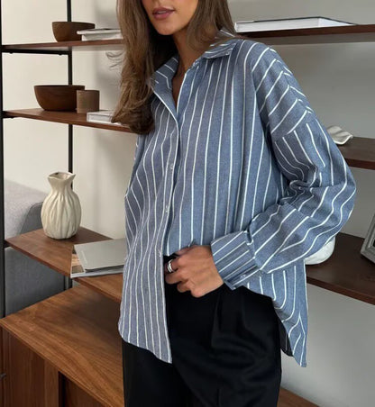 Women's Oversized Striped Linen Blend Button Down Shirt
