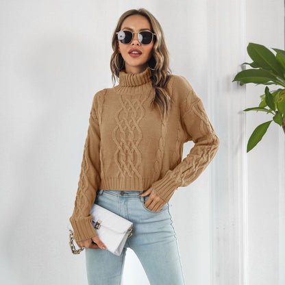 Women's Oversized Cable Knit Turtleneck Crop Sweater