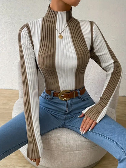 Women's Color Block Mock Neck Ribbed Sweater Top