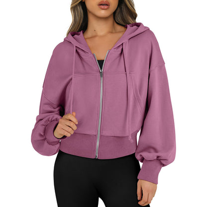 Women's Oversized Cropped Zip Up Hoodie Fleece Jacket