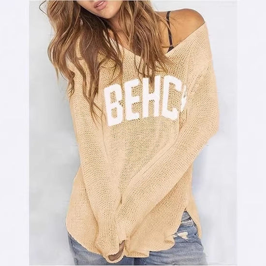 Women's V-Neck Letter Print Lightweight Knit Sweater