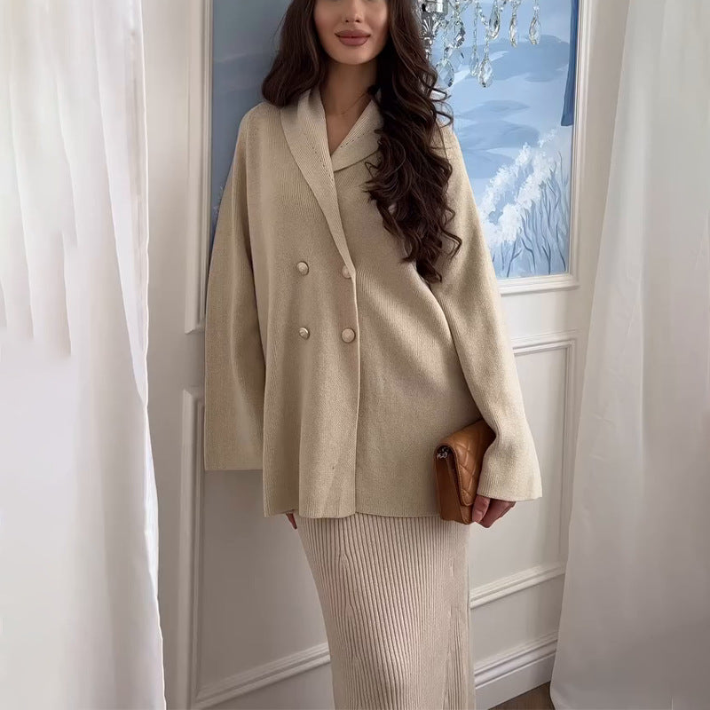 Elegant Two Piece Button Cardigan Maxi Skirt Set