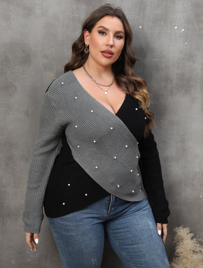 Women's Splicing Sexy Deep V Beaded Sweater Long Sleeve