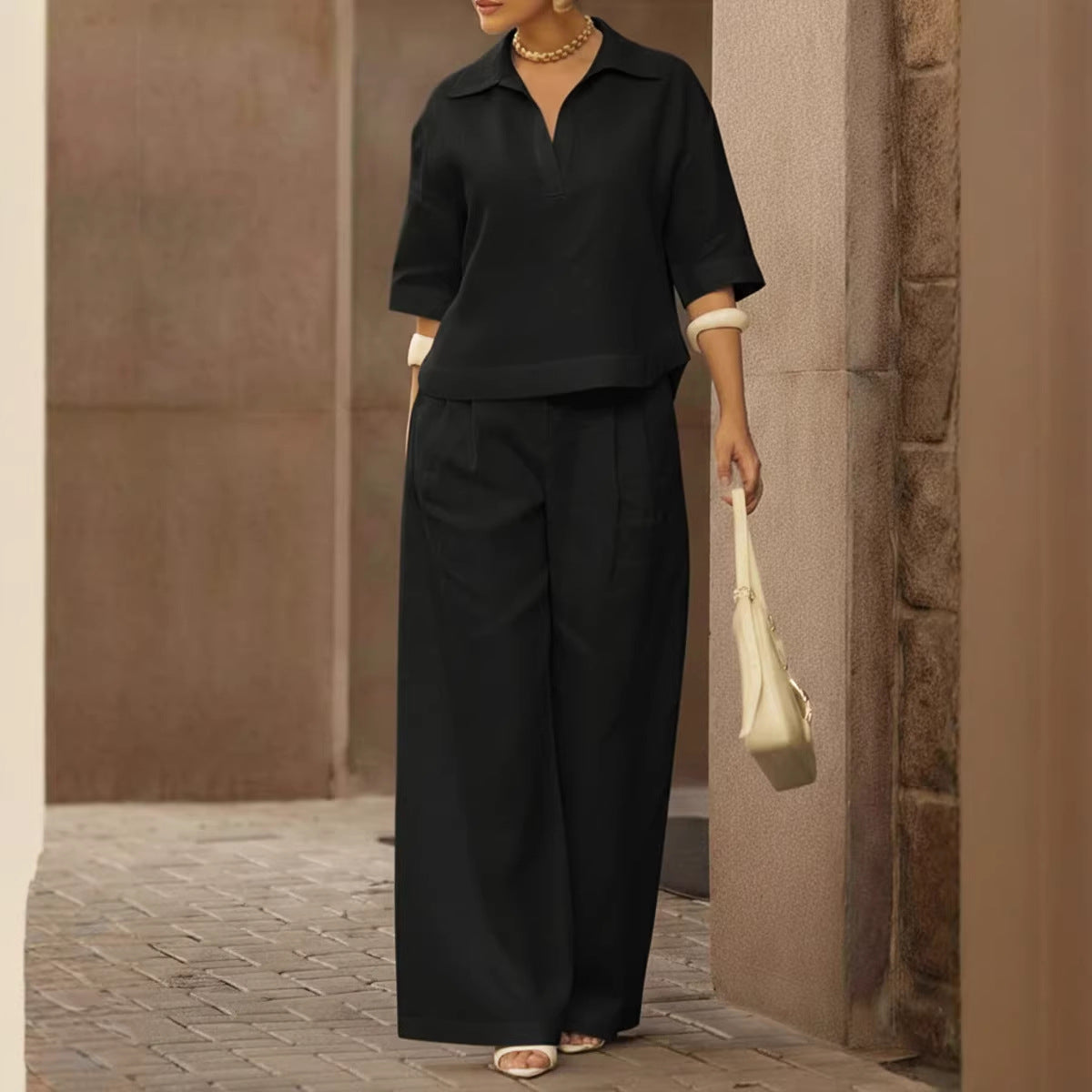 Women's Linen 2 Piece Set Wide Leg Pants Collared Top