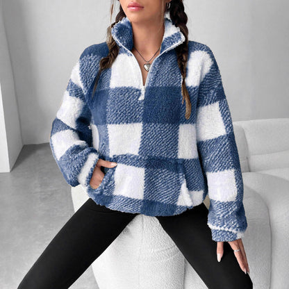 Womens Checkered Sherpa Quarter Zip Fleece Pullover