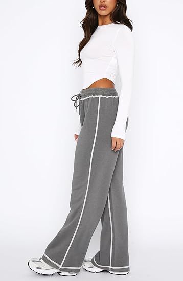 High Waist Wide Leg Jogger Pants with Contrast Stitching