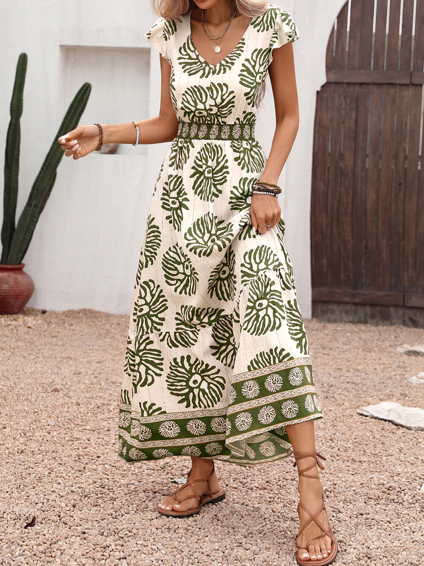 Boho Leaf Print V Neck Flutter Sleeve Maxi Dress Resort