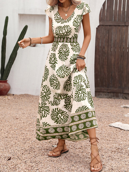 Boho Leaf Print V Neck Flutter Sleeve Maxi Dress Resort