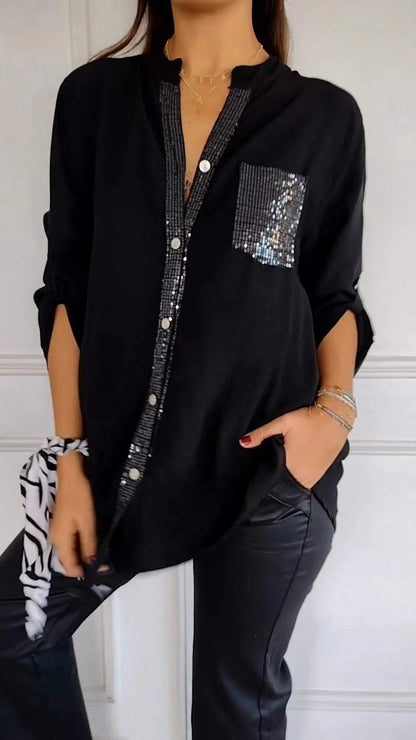Women's Rhinestone 3/4 Sleeve Casual Button Down Blouse