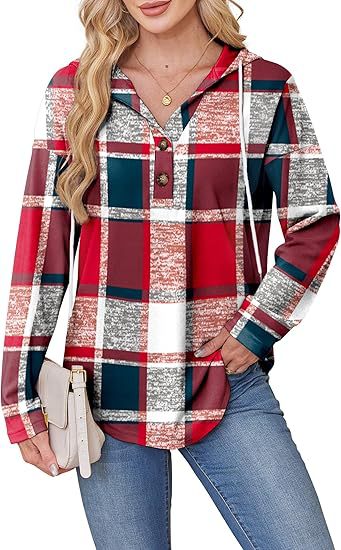 Women's Plaid Button Hoodie Long Sleeve Pullover