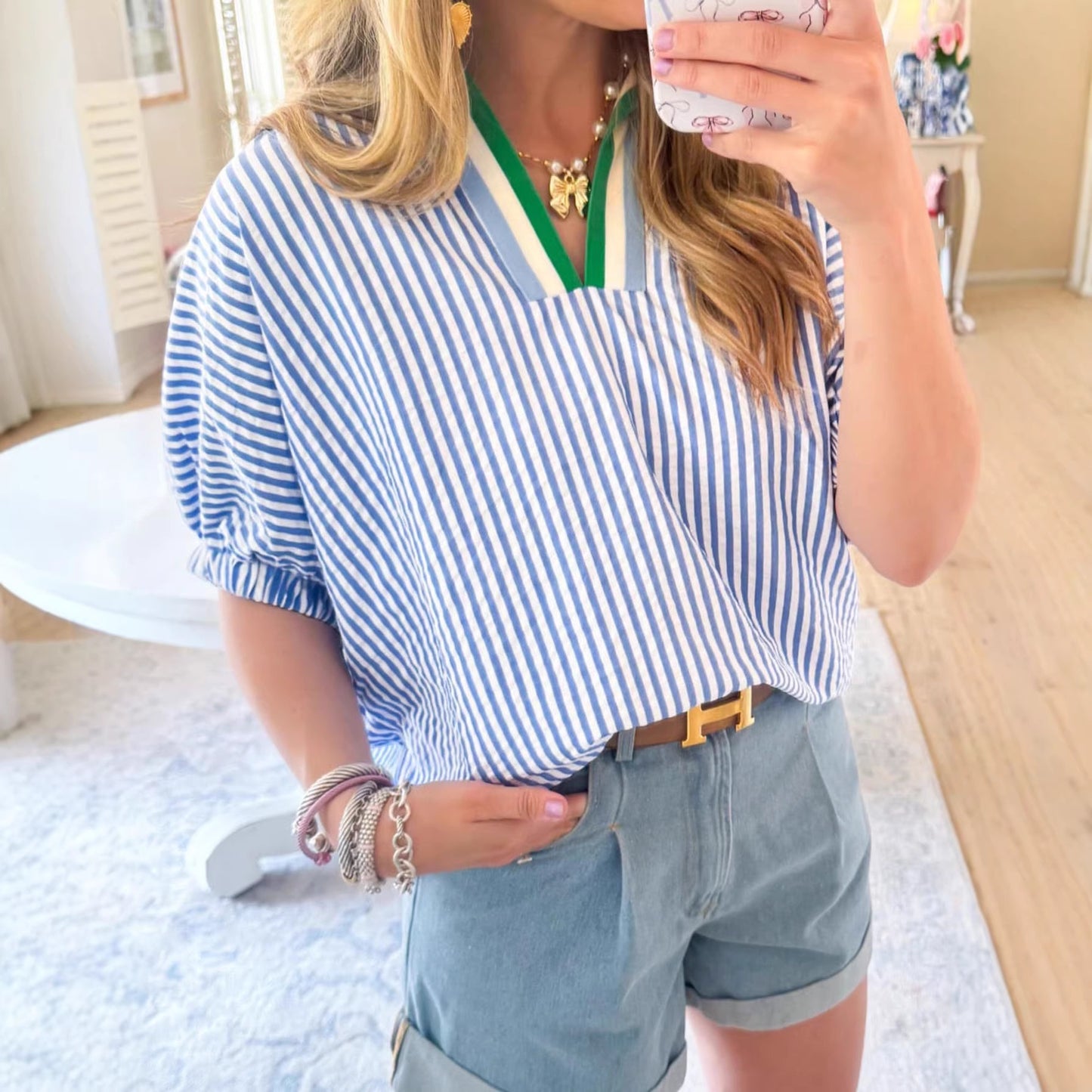 Striped V-Neck Colorblock Blouse Short Sleeve Casual Top