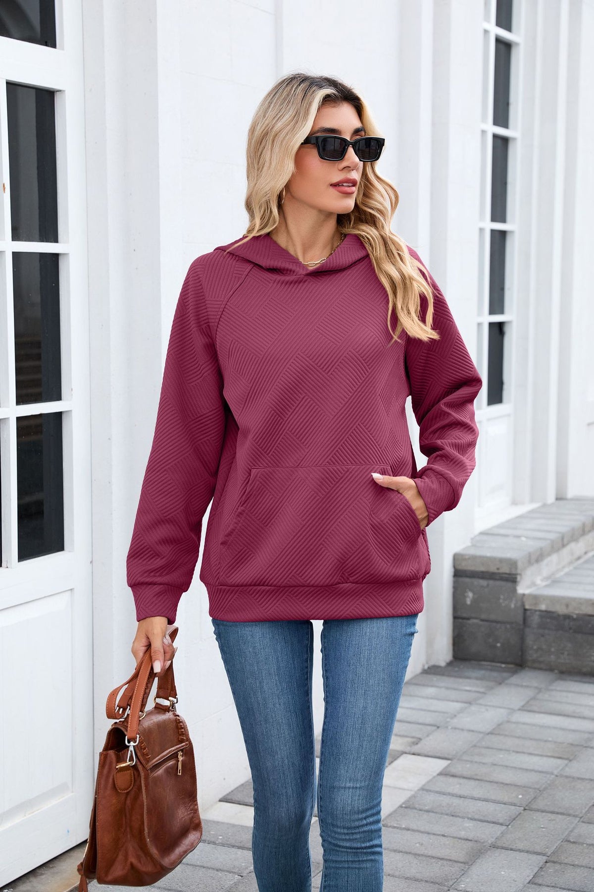 Women's Oversized Textured Hoodie Pullover with Pocket