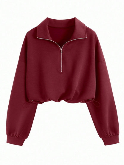 Women's Cropped Quarter Zip Drawstring Waist Sweatshirt