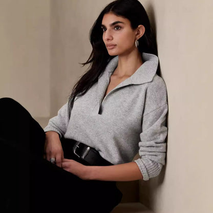 Women's Oversized Quarter Zip Polo Sweater Casual Pullover