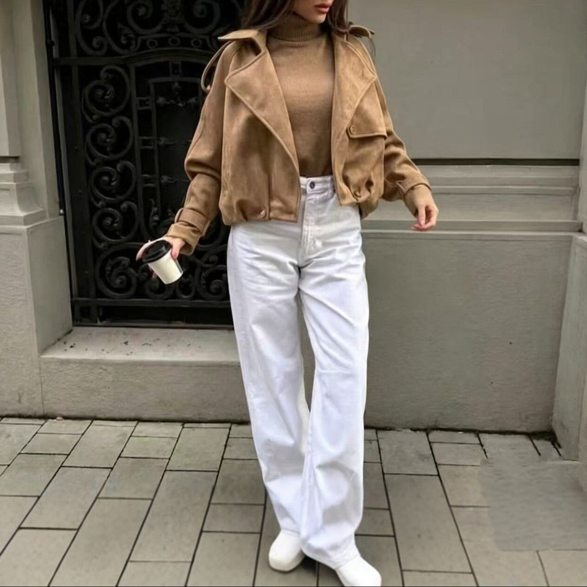 Women's Vintage Cropped Faux Suede Lapel Jacket