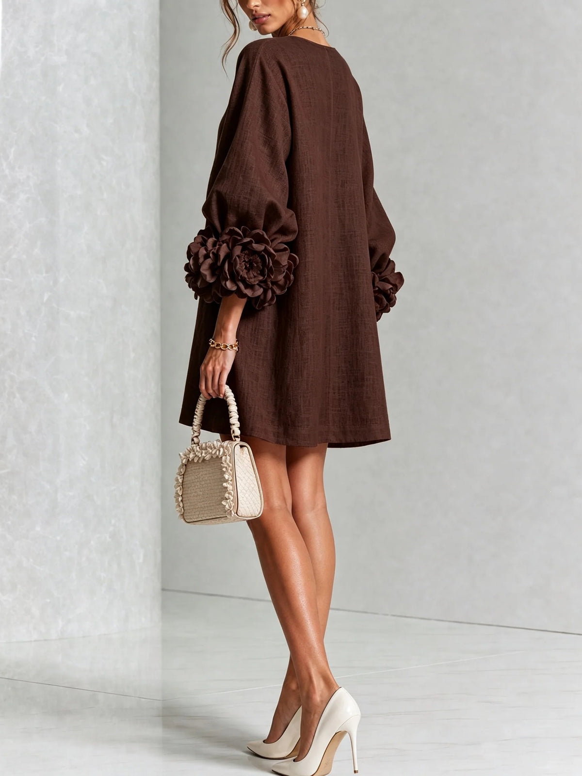 Elegant Floral Applique Balloon Sleeve A-Line Mini Dress