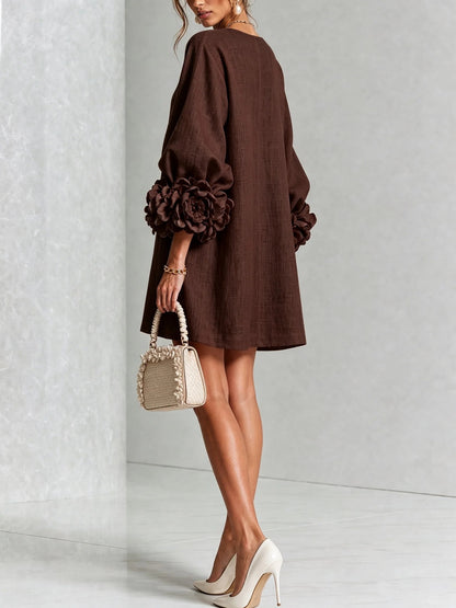 Elegant Floral Applique Balloon Sleeve A-Line Mini Dress