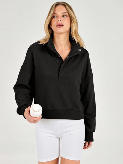 Cropped Henley Sweatshirt Polo Collar Relaxed Fit