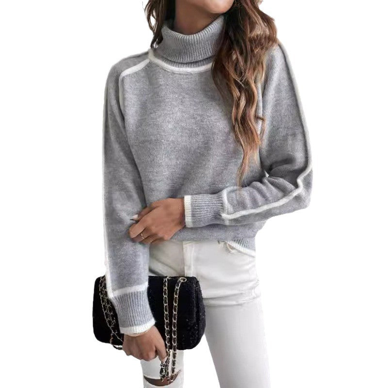 Women's Oversized Turtleneck Sweater Contrast Trim Pullover