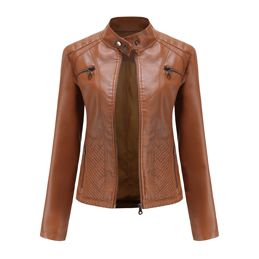 Women's Quilted Faux Leather Moto Jacket Zip Slim Fit