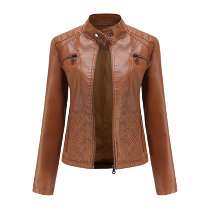 Women's Quilted Faux Leather Moto Jacket Zip Slim Fit