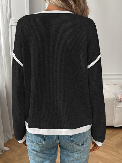 Women's Contrast Trim Black Waffle Knit Long Sleeve Pullover