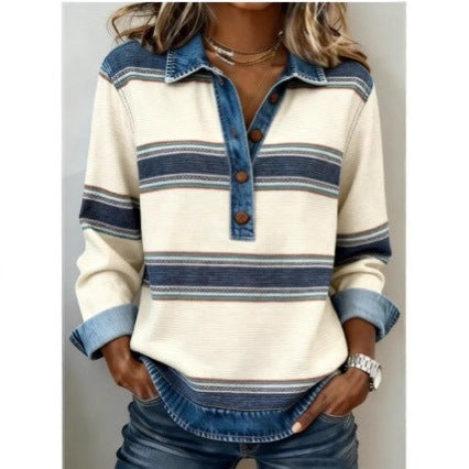 Women's Striped Waffle Knit Denim Collar Long Sleeve Top