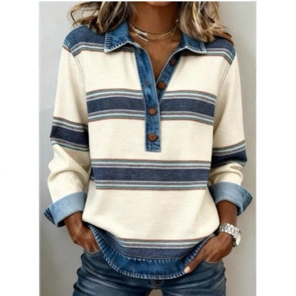 Women's Striped Waffle Knit Denim Collar Long Sleeve Top