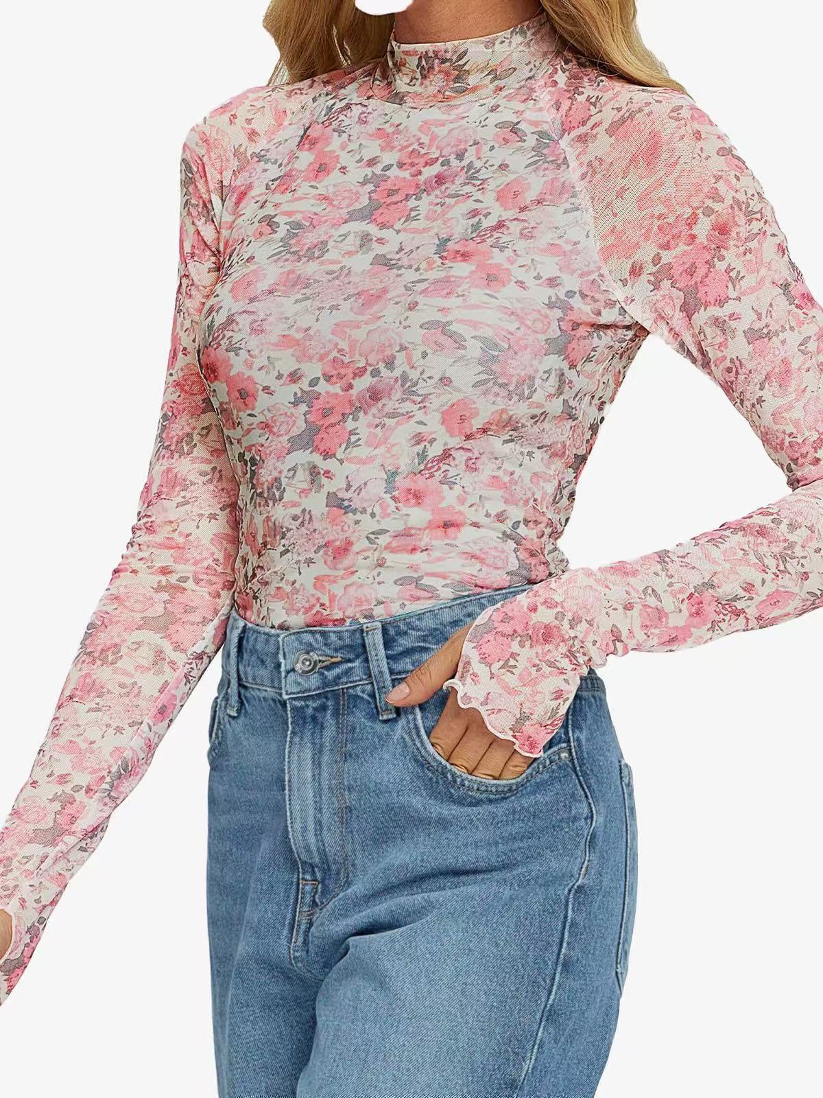 Women's Floral Sheer Mesh Mock Neck Long Sleeve Top