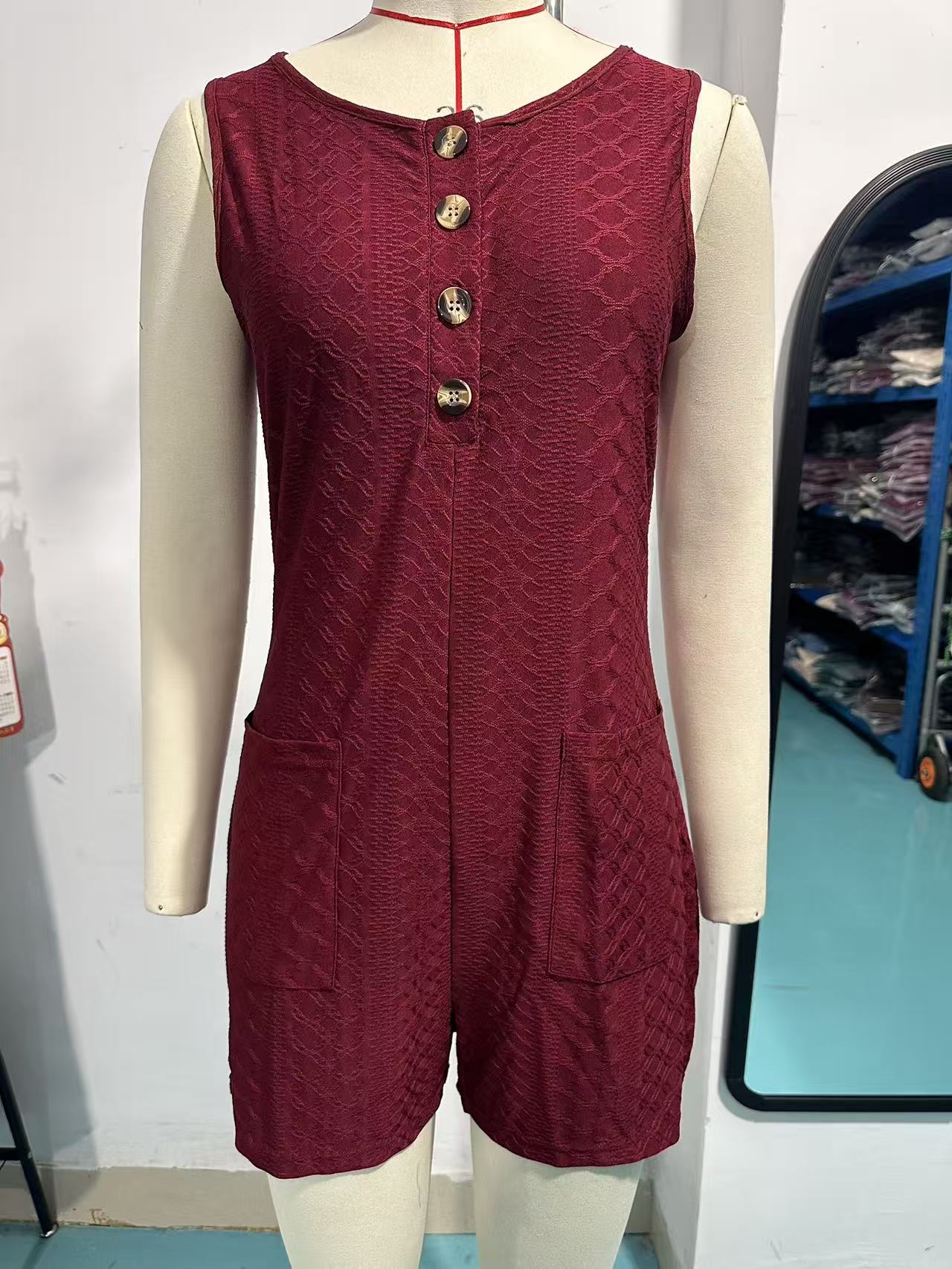 Textured Button Tank Romper Sleeveless Pocket Lounge Set