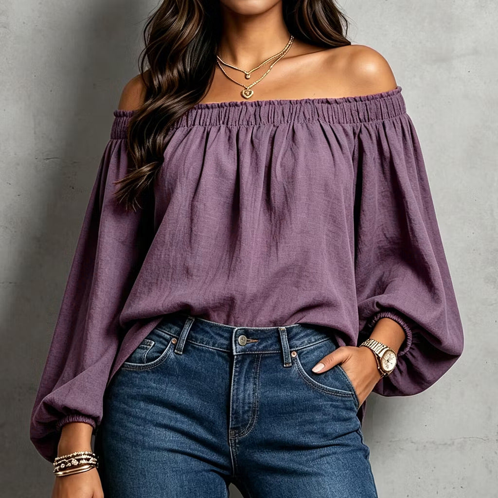 Women's Off Shoulder Smocked Blouse Puff Sleeve Loose Top