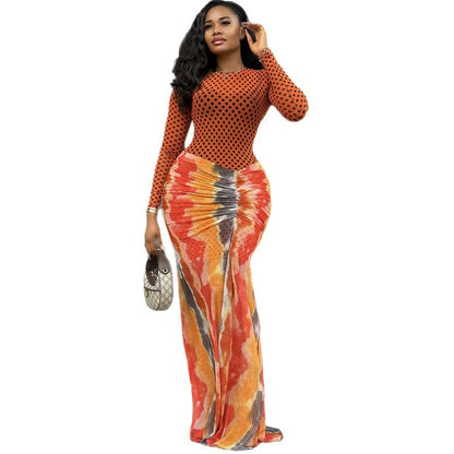 Sexy Mixed Print Long Sleeve Bodycon Maxi Dress