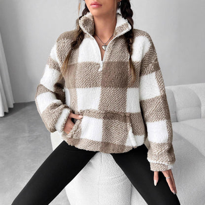 Women's Plaid Sherpa Quarter Zip Pullover with Pocket