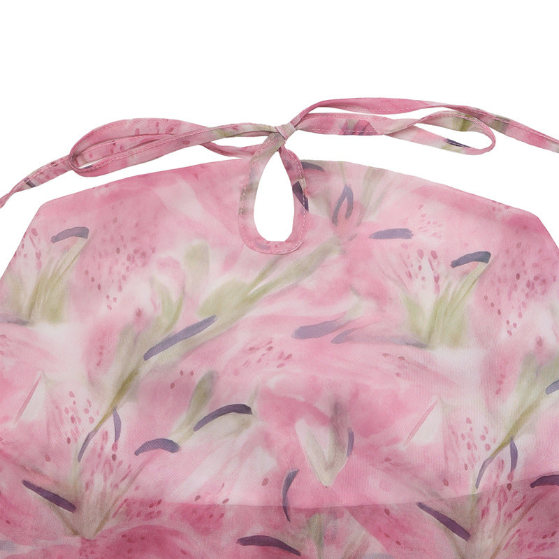Floral Halter Chiffon Top Backless Layered Summer Vacation Pink
