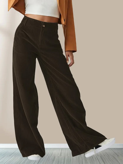 High Waist Corduroy Wide Leg Pants with Pockets