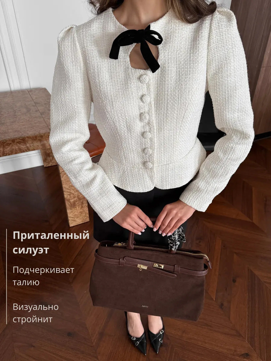 Women's Tweed Bow Cardigan Jacket French Chic