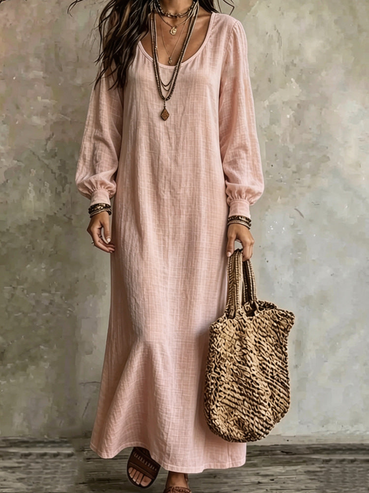 Women's Boho Long Sleeve U-Neck Maxi Dress Loose Solid