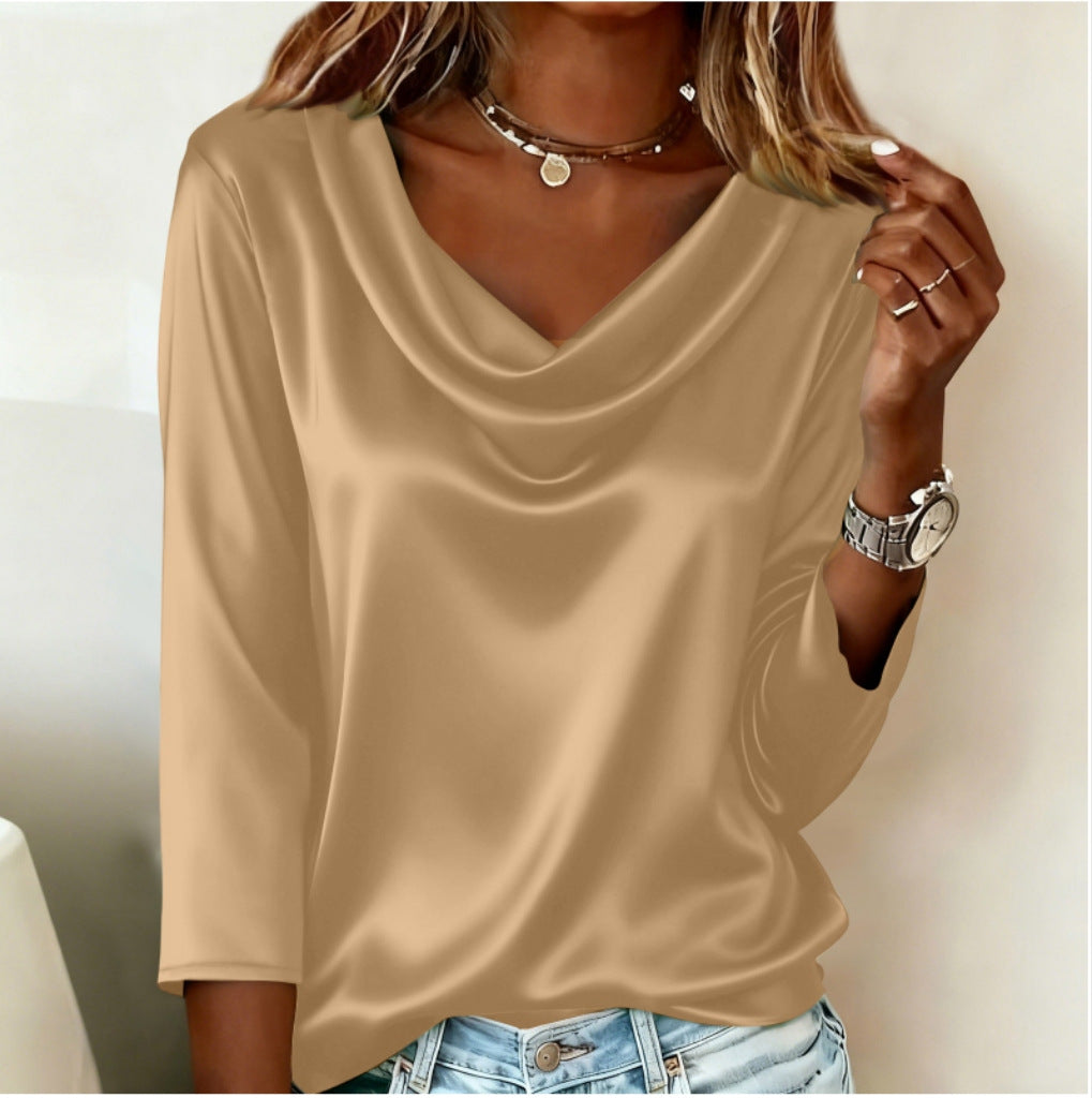 Women's Satin Cowl Neck Blouse 3/4 Sleeve Top