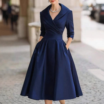 Satin Wrap Dress Long Sleeve Midi A-Line Cocktail