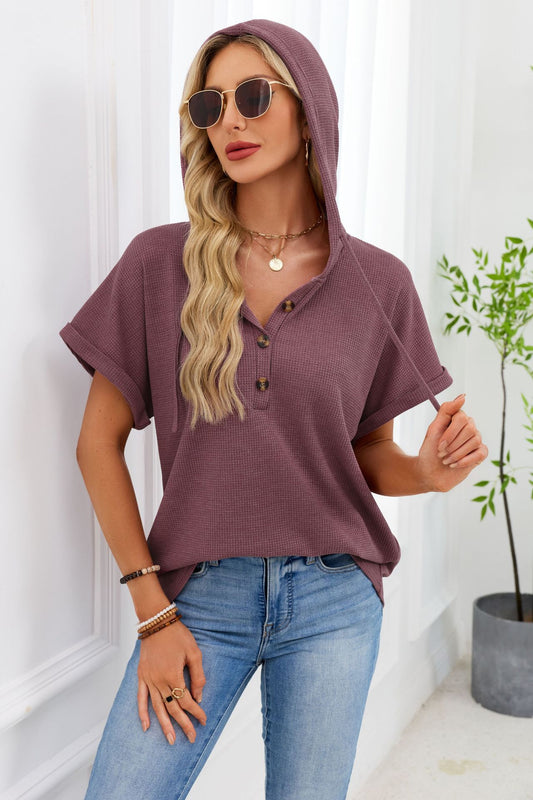 Waffle Knit Hooded Short Sleeve Button Drawstring Top