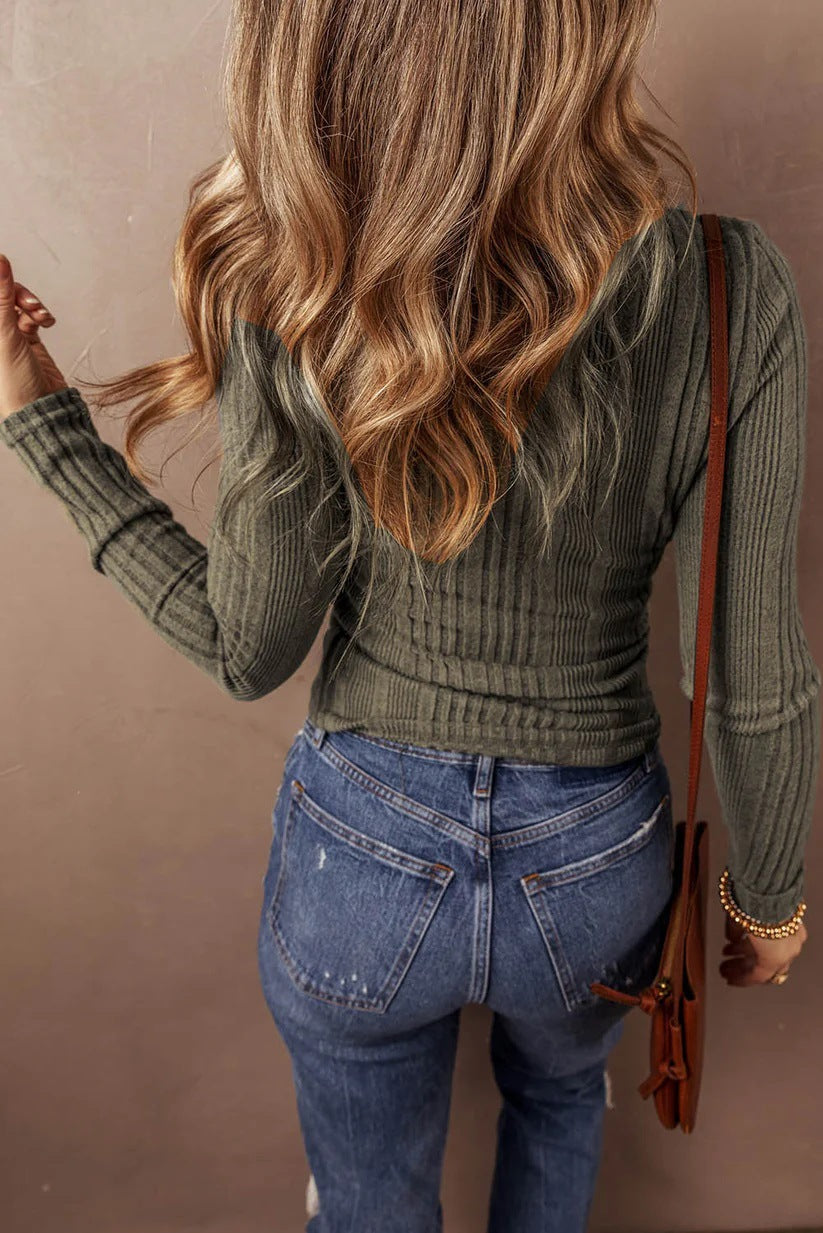 Women's Elegant Ribbed Knit Button Front Long Sleeve Top