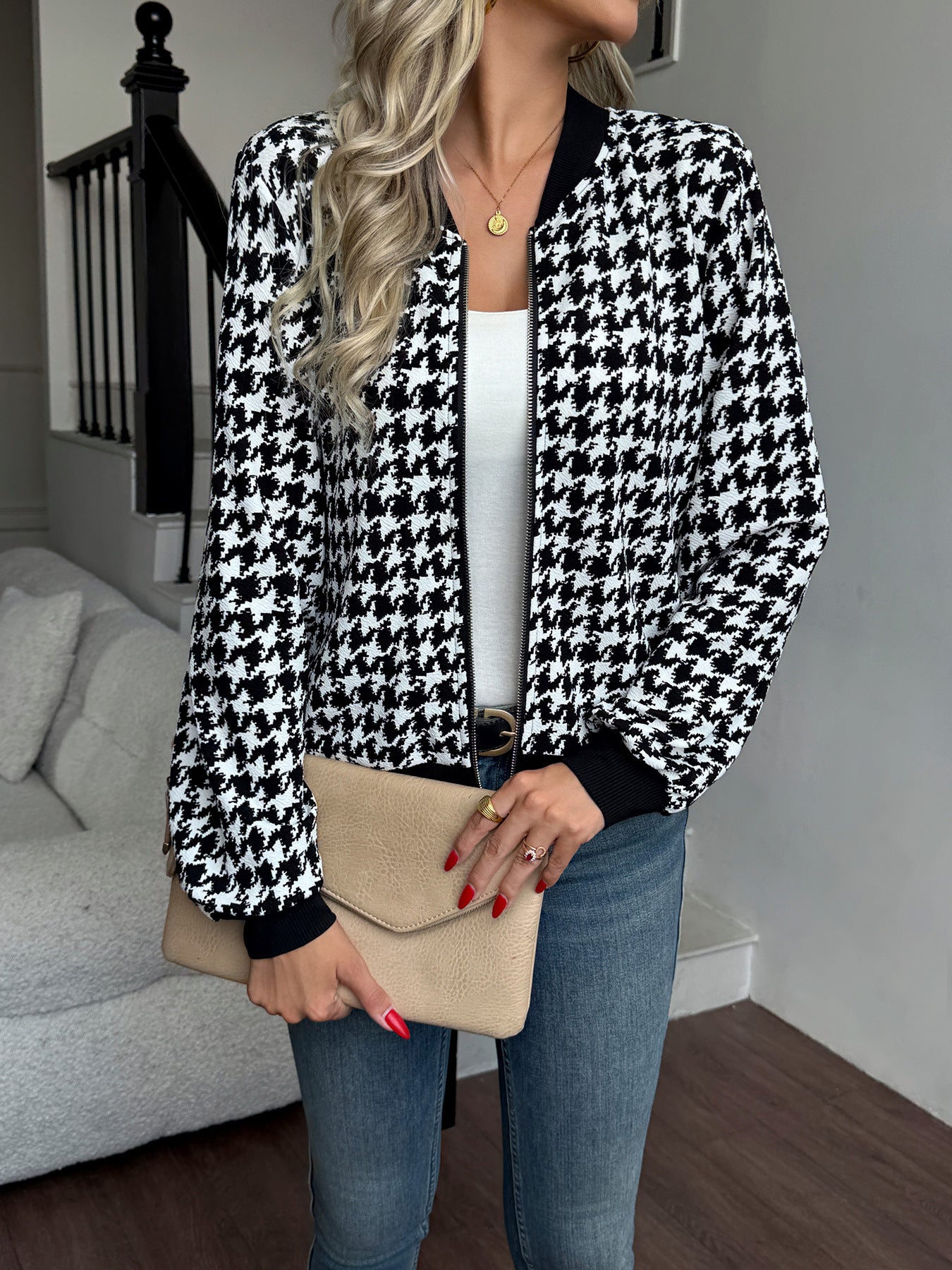 Houndstooth Knit Jacket Zip-Up Long Sleeve Casual Outerwear