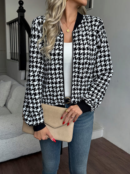 Houndstooth Knit Jacket Zip-Up Long Sleeve Casual Outerwear
