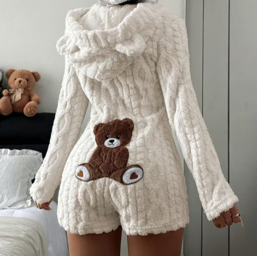 Women's Fuzzy Hooded Teddy Bear Romper Plush Cute